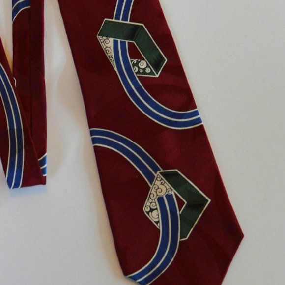 Vintage Bugatti 100% Silk Necktie - Burgundy with Blue/Green/White Geometric - Picture 5 of 8